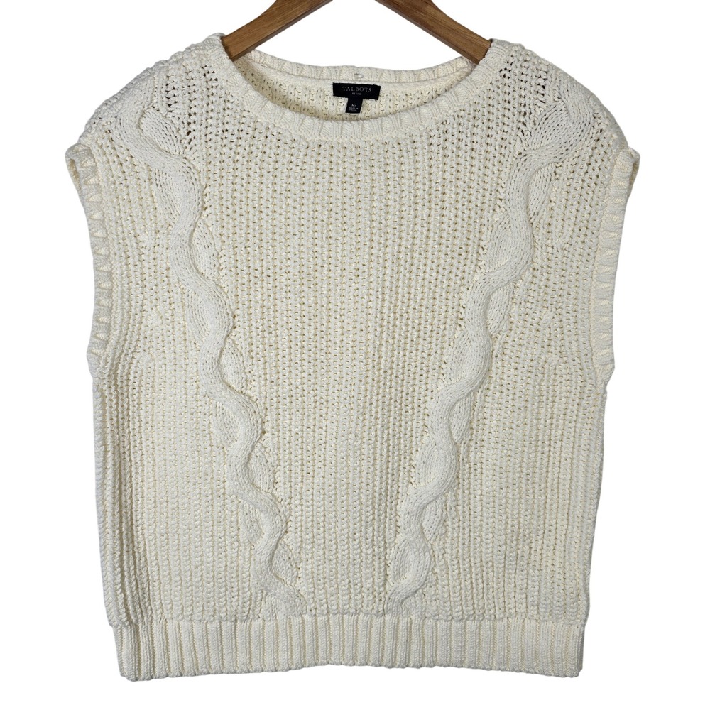 Talbots Ivory Cream Cable Knit Sleeveless Sweater Vest Petite M Preppy Layering
